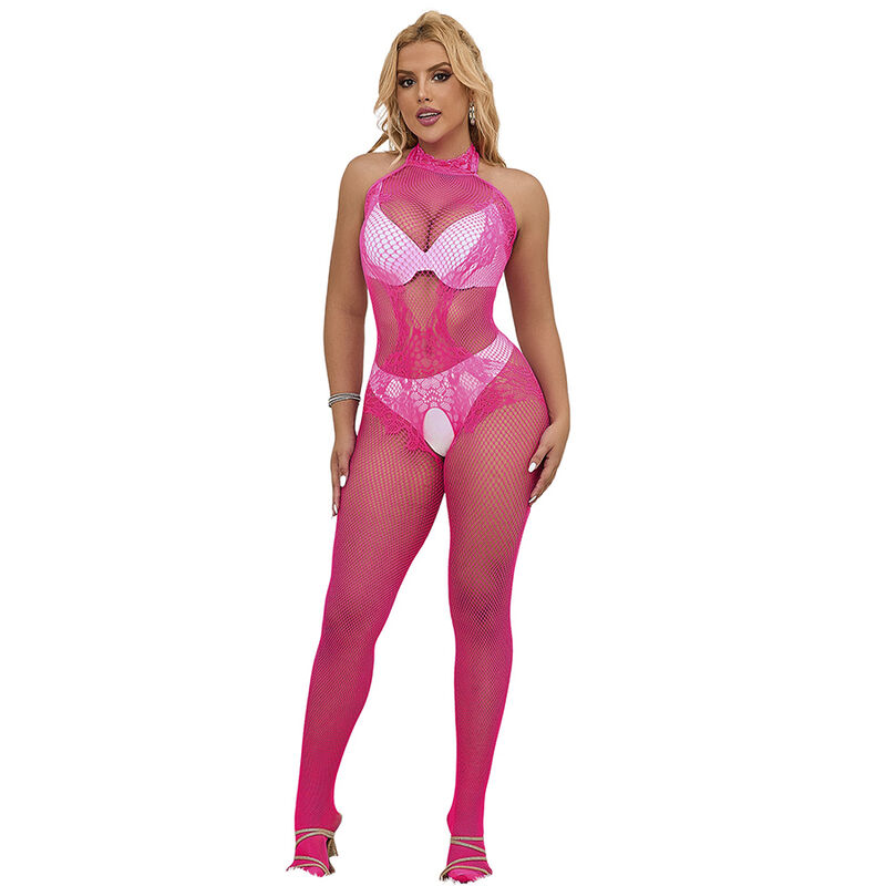 subblime---952389-bodystocking-crotchless-de-rejilla-y-encaje-con-cuello-alto-rosa-talla-Única-0