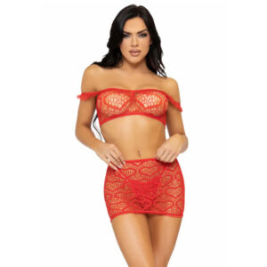 Leg avenue - set tres piezas top, mini falda y tanga talla unica - rojo