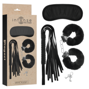 Intense - fetish set erÓtico 1 con esposas, antifaz y lÁtigo de cuero vegano