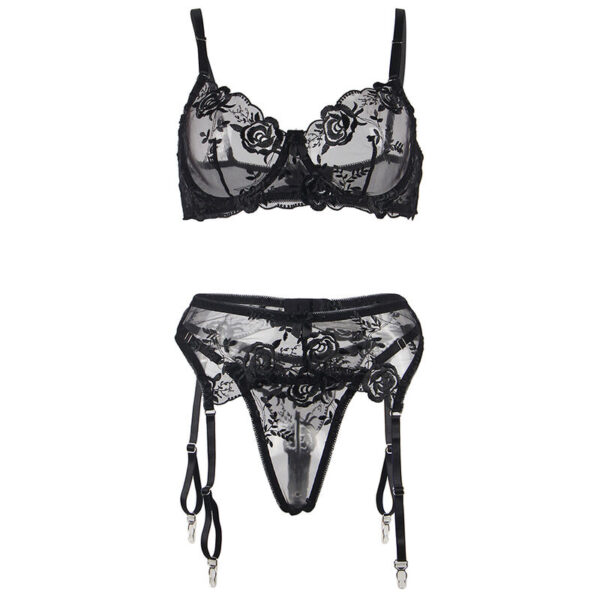 Subblime - set de 3 piezas sujetador + tanga + liga estampado floral negro s/m