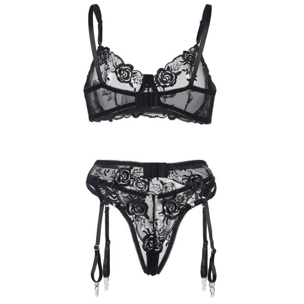 Subblime - set de 3 piezas sujetador + tanga + liga estampado floral negro s/m