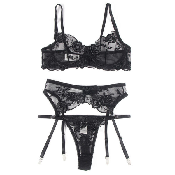 Subblime - set de 3 piezas sujetador + tanga + liga estampado floral negro l/xl