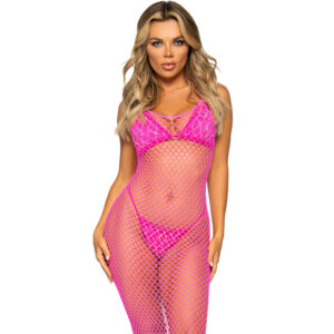 Leg avenue - vestido de rejilla largo fucsia talla Única