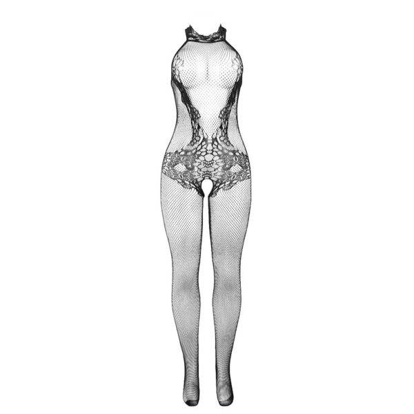 Subblime - 951801 bodystocking crotchless de rejilla y encaje con cuello alto negro talla Única