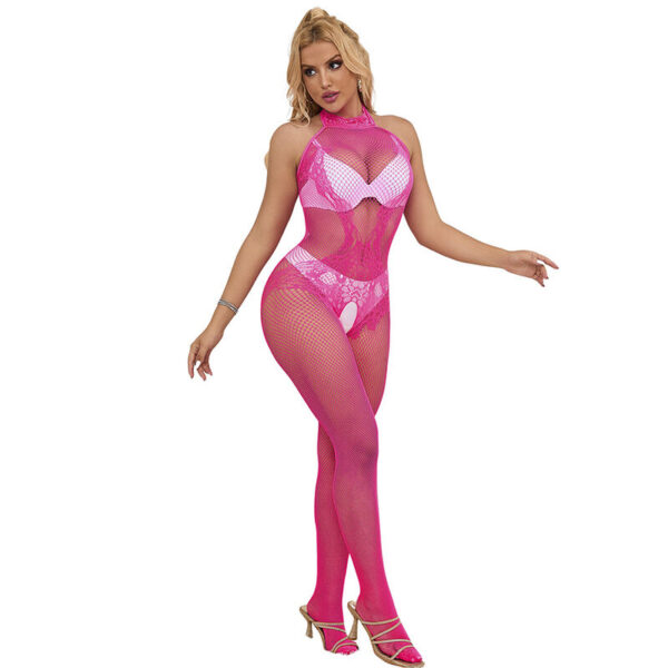Subblime - 952389 bodystocking crotchless de rejilla y encaje con cuello alto rosa talla Única