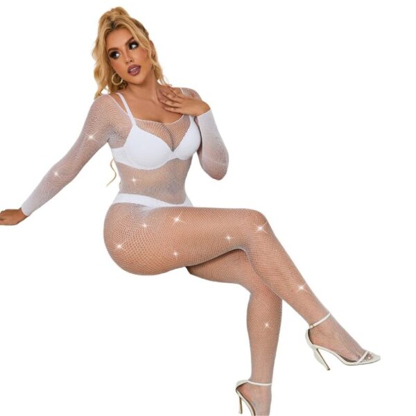 Subblime - 952396 bodystocking de rejilla con diamantes manga larga blanco talla Única