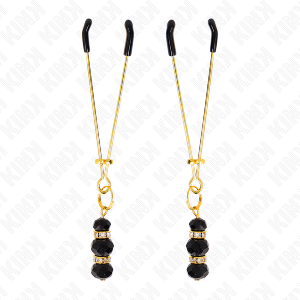 Kink - pinzas para pezones dorada fina con triple bola de vidrio negro 7 cm