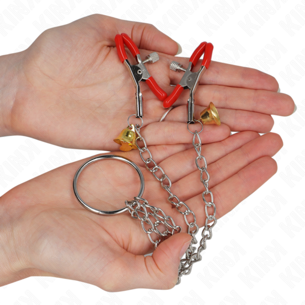 Kink - pinzas para pezones y clÍtoris rojas con cascabel dorado y cadena 30 cm