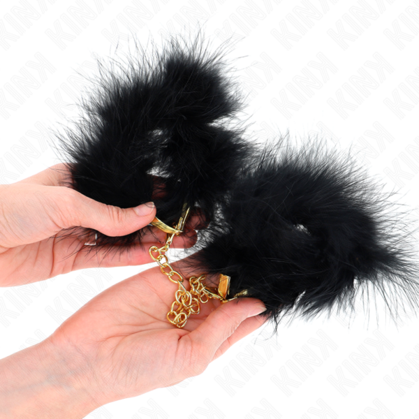 Kink - esposas de plumas negro con cadena dorada modelo 2