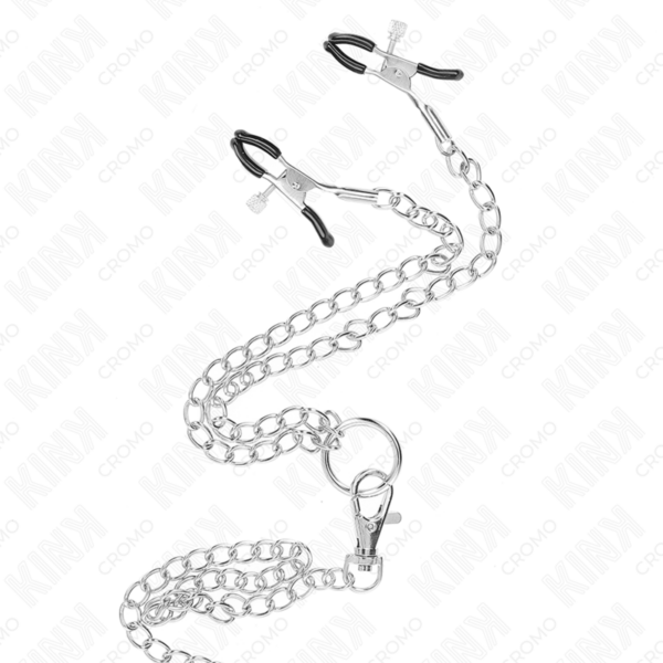 Kink - anillo pene triple metal cromado 3.8 cm a 5 cm con cadena metal 26 cm y pinzas para pezones modelo 1