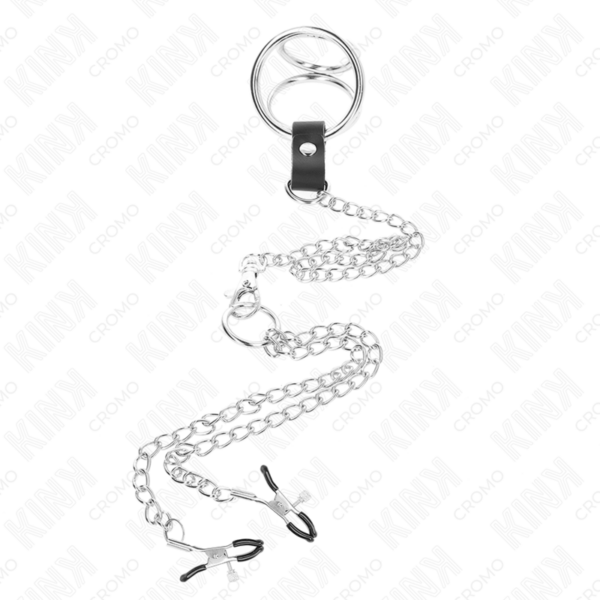 Kink - anillo pene triple metal cromado 3 cm a 4.5 cm con cadena metal 26 cm y pinzas para pezones