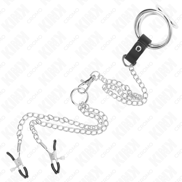 Kink - anillo pene triple metal cromado 3 cm a 4.5 cm con cadena metal 26 cm y pinzas para pezones