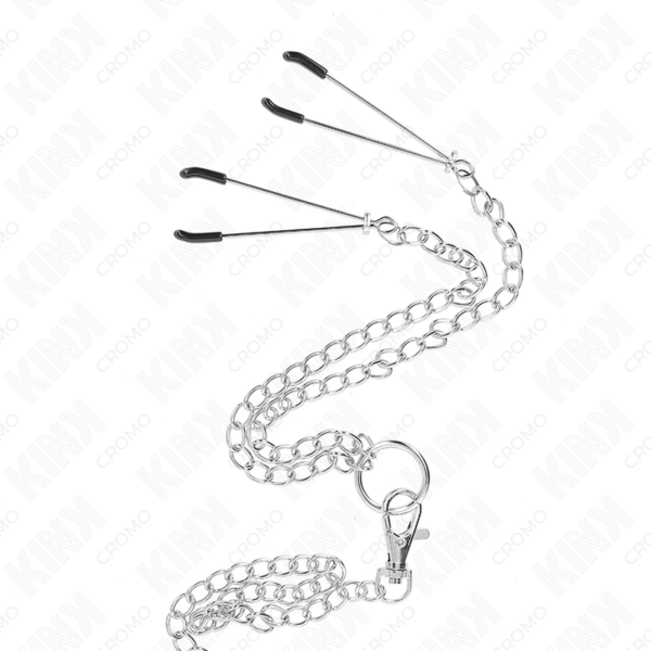 Kink - anillo pene triple metal cromado 3.8 cm a 5 cm cadena metal 26 cm y pinzas para pezones modelo 2