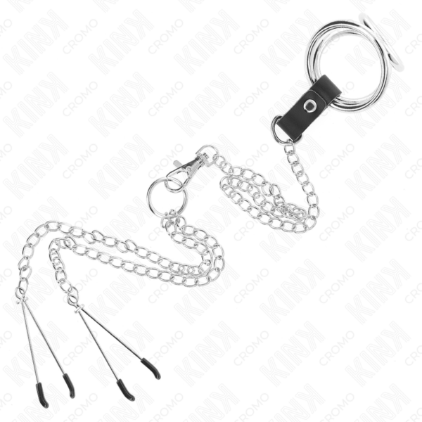 Kink - anillo pene triple metal cromado 3.8 cm a 5 cm cadena metal 26 cm y pinzas para pezones modelo 2