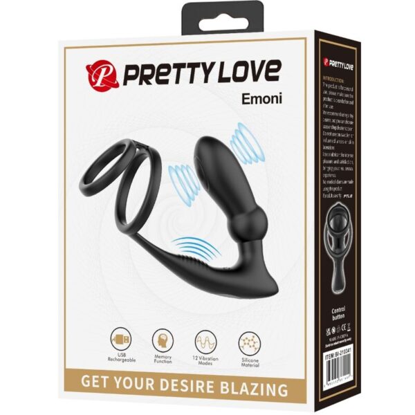 Pretty love - emoni anillo pene + plug anal 12 vibraciones negro
