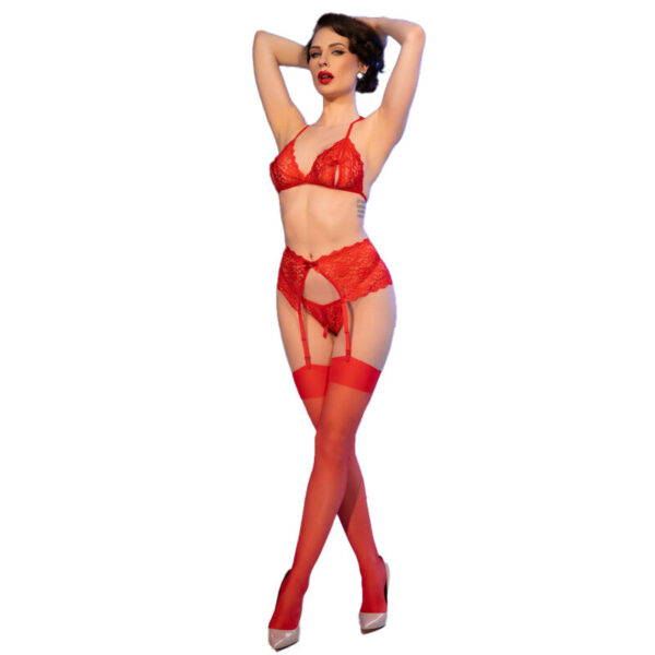 Chilirose - cr 4848 set sujetador + tanga + medias de encaje rojo xl