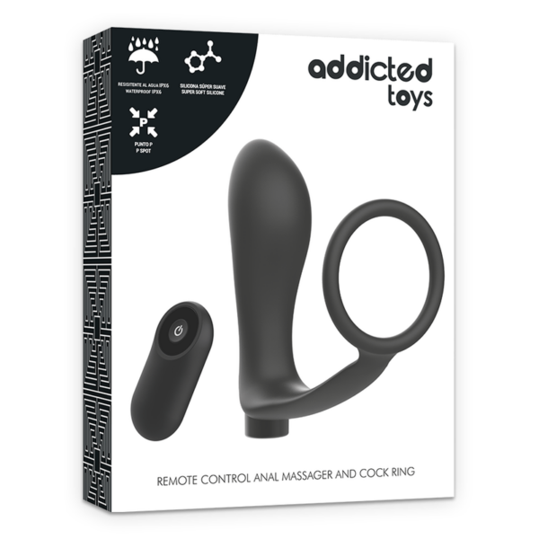 Addicted toys anilla pene con plug anal control remoto negro recargable