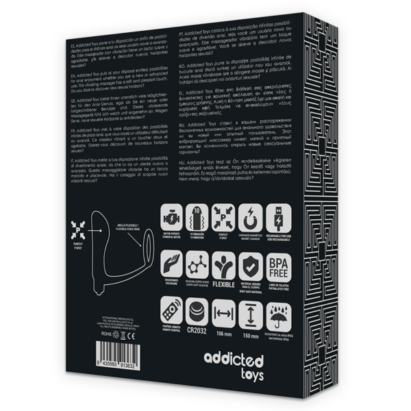 Addicted toys anilla pene con plug anal control remoto negro recargable